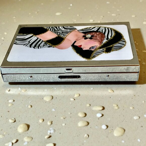 Pocket Calculator and Business Card Holder Shiny Metal Case Woman Glitter NEW - Picture 8 of 13